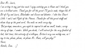 Celebrity fan letter Hugh Laurie